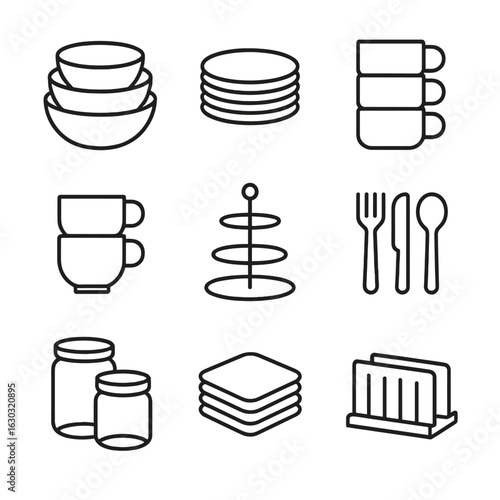 Stackable Dinnerware Icons. Outline icon set of stackable dinnerware: nesting bowls, stackable plates, layered mugs, stackable