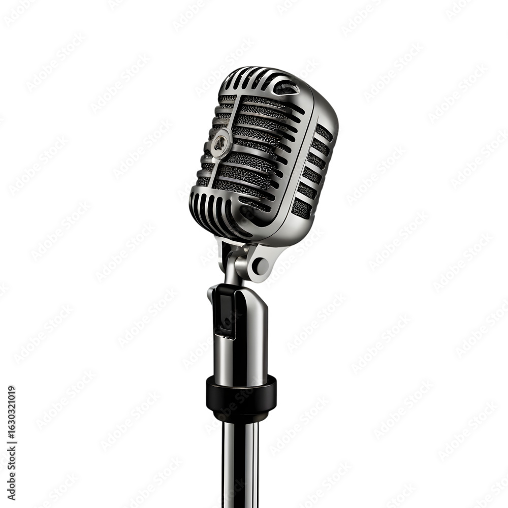 Fototapeta premium Classic vintage silver microphone on a stand isolated on transparent background