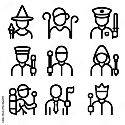 Staff User Icons. Outline icon set of staff users: wizard, shepherd, police officer, conductor, guard, mage, hiker, leader, king.