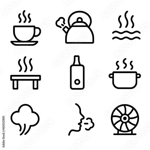 Steam and Vapor Icons. Outline icon set of steam and vapor: steaming cup, kettle with steam plume, hot spring steam, sauna bench