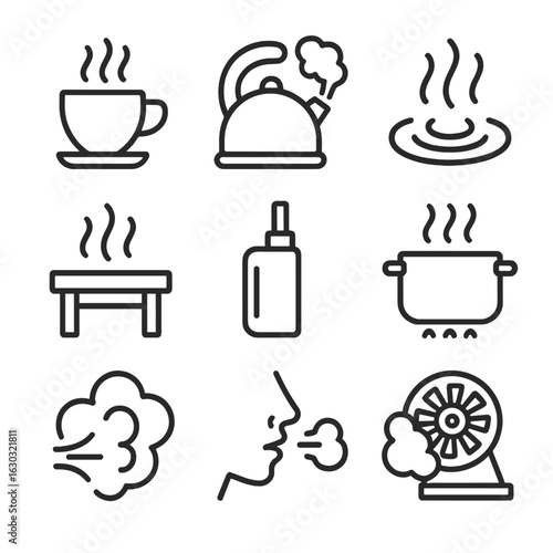Steam and Vapor Icons. Outline icon set of steam and vapor: steaming cup, kettle with steam plume, hot spring steam, sauna bench