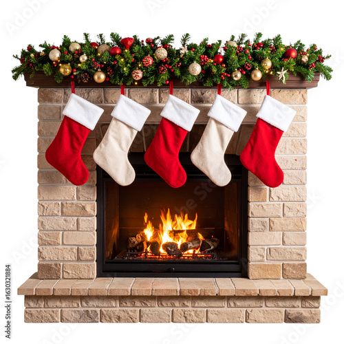Cozy Brick Fireplace with Hanging Stockings and Garland, Front View, Isolated on Transparent Background
