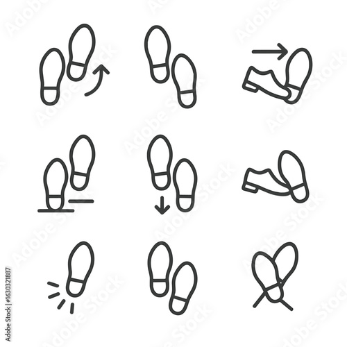 Step Movements Icons. Outline icon set of step movements: step forward, step backward, side step, step up, step down, quick step,
