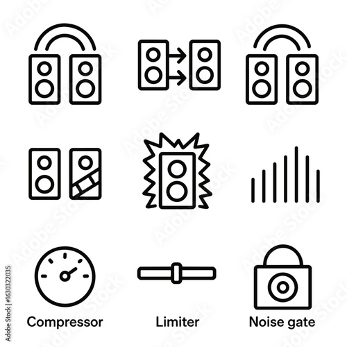 Stereo Sound Effects Icons. Outline icon set of stereo sound effects: reverb, delay, chorus, flanger, distortion, equalizer,