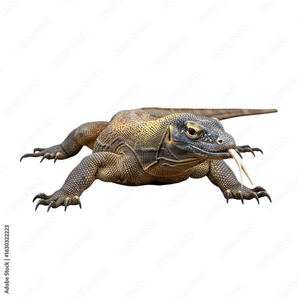 Obraz premium A Komodo Dragon Crawling Slowly With Its Tongue Out on a White Background