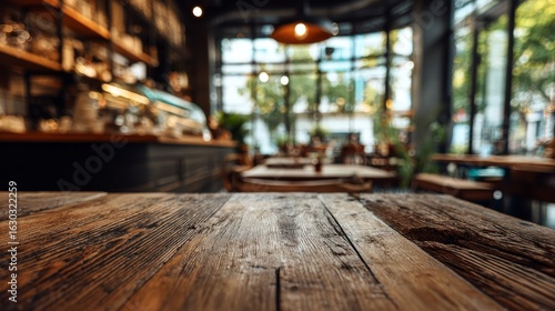 Wallpaper Mural empty authentic wooden table in the foreground, cafe or restaurant in the background, copy space, for product presentation Torontodigital.ca