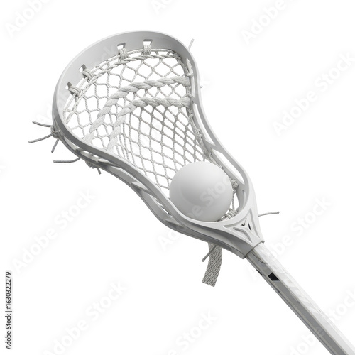 White lacrosse stick with a netted pocket holding a ball, isolated on a white background