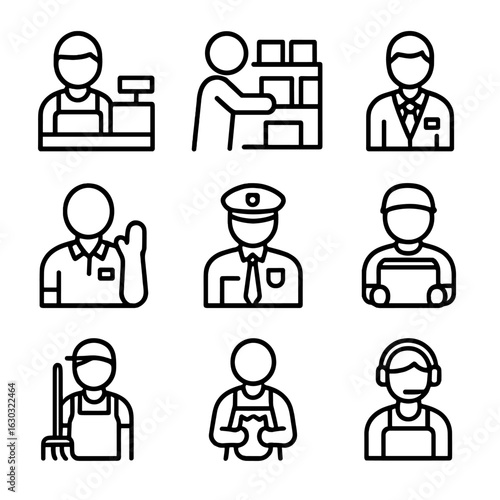 Store Staff Icons. Outline icon set of store staff and roles: cashier, shelf stocker, store manager, greeter, security guard,
