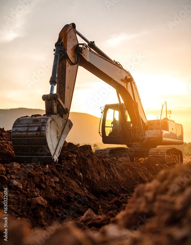 Excavator working on construction site at sunset