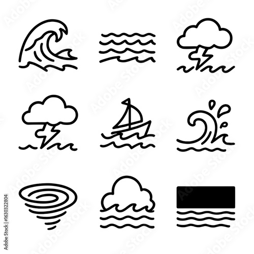 Stormy Sea Icons. Outline icon set of stormy sea: crashing waves, turbulent ocean, storm clouds, lightning over sea, ship in rough