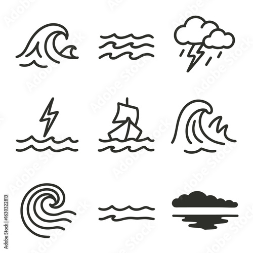 Stormy Sea Icons. Outline icon set of stormy sea: crashing waves, turbulent ocean, storm clouds, lightning over sea, ship in rough