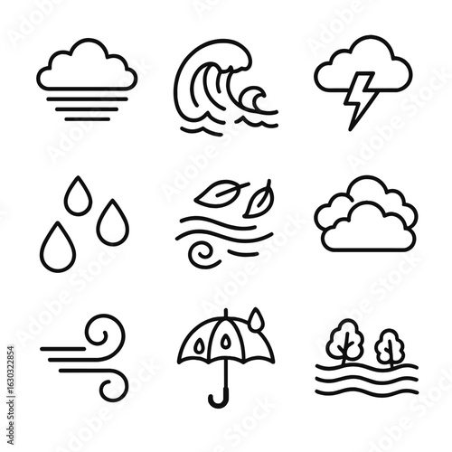 Stormy Weather Icons. Outline icon set of stormy weather scenes: dark sky, crashing waves, lightning strike, rain drops, blowing