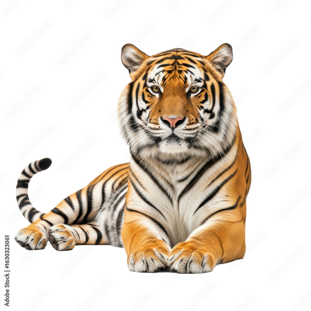 Obraz premium Majestic Bengal Tiger Resting Gracefully on White Background