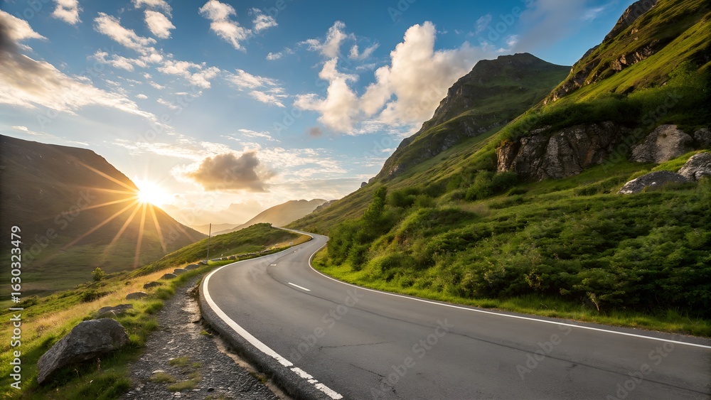 Naklejka premium Scenic mountain road winding through lush green landscape at sunrise