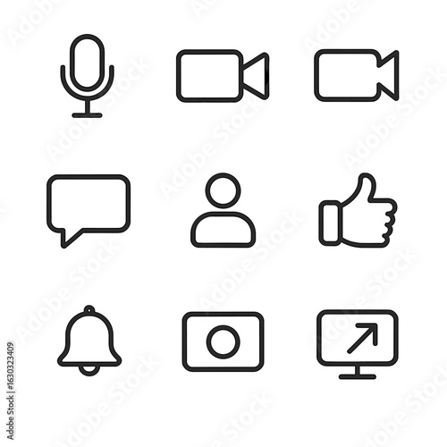 Streaming Controls Icons. Outline icon set of streaming controls: microphone mute, camera on/off, chat message, subscriber, likes,