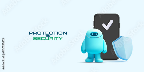 3D robot, mobile phone, shield. Protection and security of personal data, software, applications. Vector illustration.