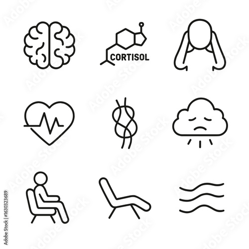 Stress and Insomnia Icons. Outline icon set of stress and insomnia: stress icon brain, cortisol hormone outline, anxious figure