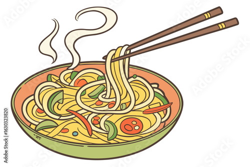 Delicious steamy noodles with colorful vegetables on plate, vibrant food illustration with chopsticks, vector style, no people, Asian cuisine