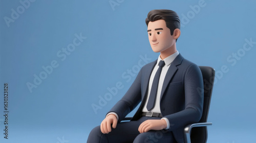 3D animated character in a business suit seated on a chair against a blue background