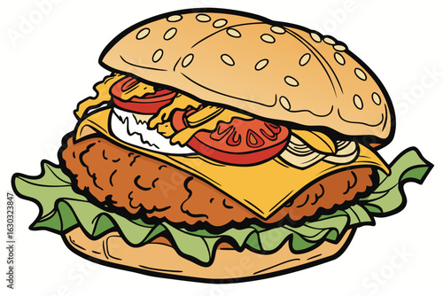 Delicious colorful zinger burger with crispy chicken, lettuce, tomato, cheese, sesame bun, fast food vector illustration, no people, isolated background
