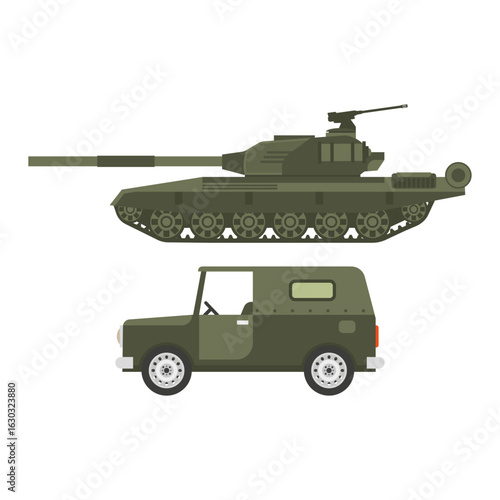 Side profile vectors of an army battle tank and an off-road military truck