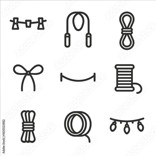String and Rope Icons. Outline icon set of string and rope types: clothesline, jump rope, climbing rope, shoelace, bowstring,