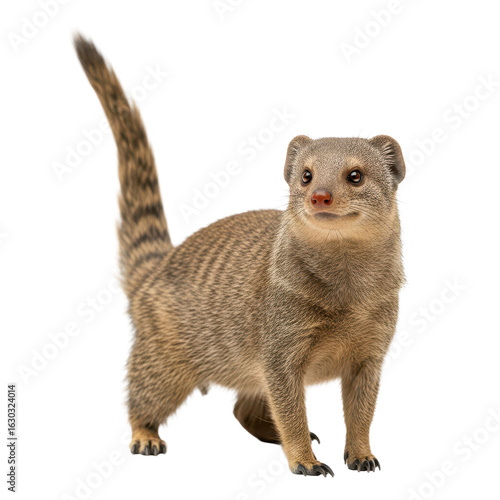 A vigilant banded mongoose stands in an alert posture, isolated on a white background.
