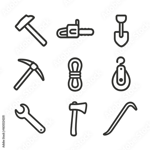 Struggle Tools Icons. Outline icon set of struggle tools: hammer, chainsaw, shovel, pickaxe, rope, pulley, wrench, axe, crowbar.