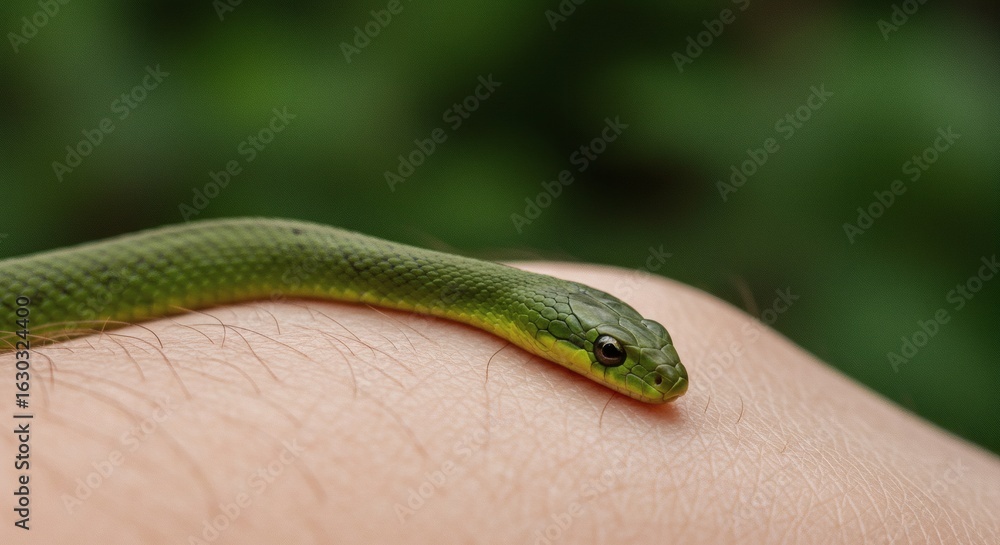 Obraz premium Green Vine Snake on Skin with Exotic Wildlife, and Nature.