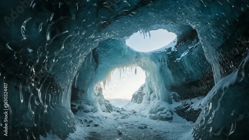 Ice cave interior with blue glacial formations and light streaming in  