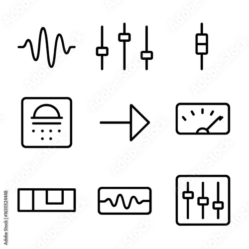 Studio Software Icons. Outline icon set of recording studio software: audio wave, equalizer, fader, reverb effect, noise gate,
