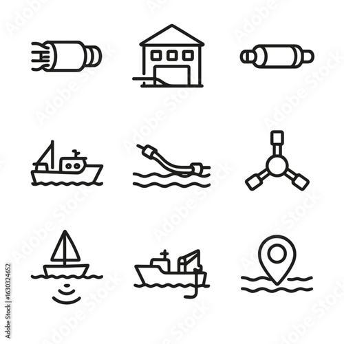 Submarine Cable Icon Set. Outline icon set of submarine cables: undersea fiber cable, cable landing station, repeater station,