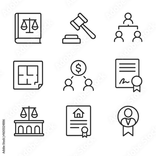 Succession Law Icons. Outline icon set of succession law: law book, gavel, family tree, estate map, inheritance icon, signed