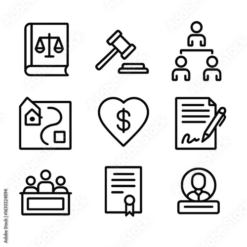 Succession Law Icons. Outline icon set of succession law: law book, gavel, family tree, estate map, inheritance icon, signed