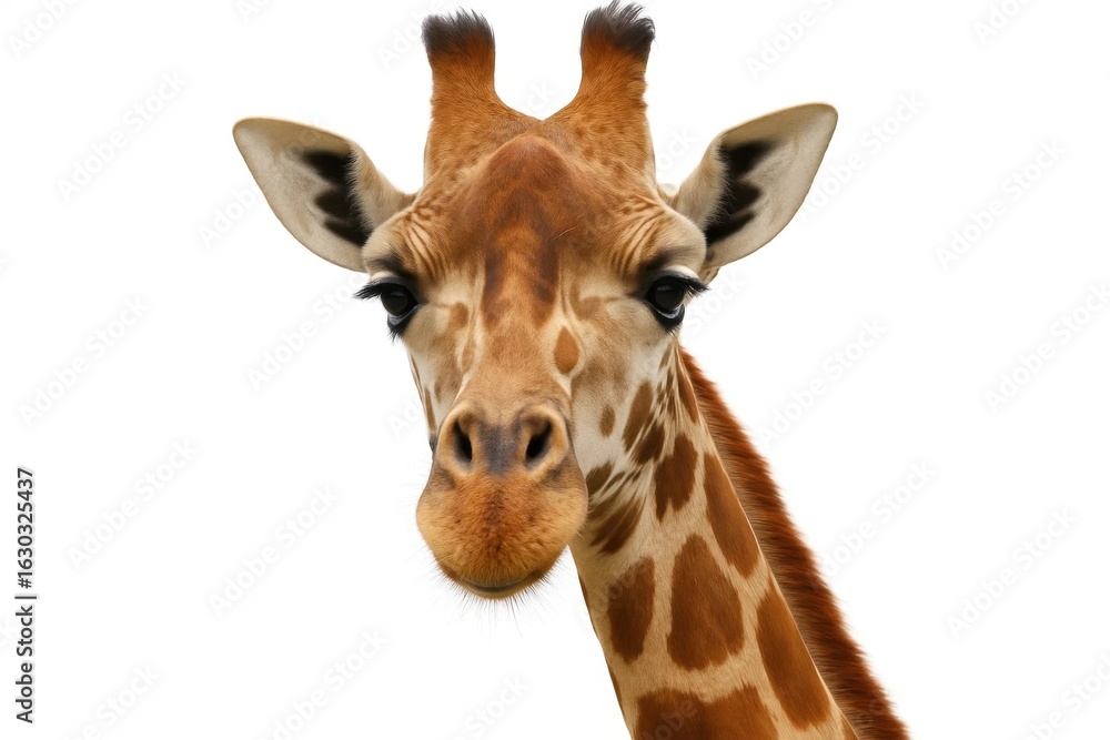 Fototapeta premium A giraffe's serene expression against a pristine white backdrop