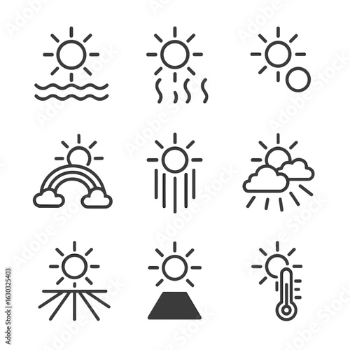Sunbeam Weather Icons Grid. Outline icon set of sunbeam weather effects: glare on water surface, heat haze outline, lens sunspot