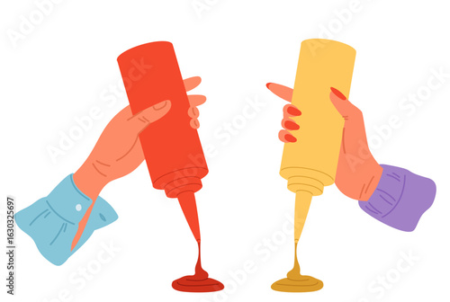 Womans hand holds plastic sauce bottle and squeezes out mustard and ketchup. Arms holding dispenser for mayonnaise and chili salsa. Food container. Condiment dressing. Vector concept