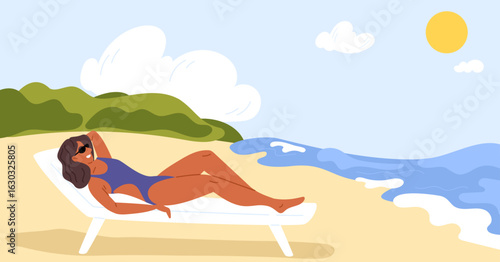 Woman sunbathing lying on sun lounger on summer beach. Vacation at sea. Tropical seashore resort. Happy girl tanning in bikini. Tourist relaxing outdoor. Summertime travel. Vector concept
