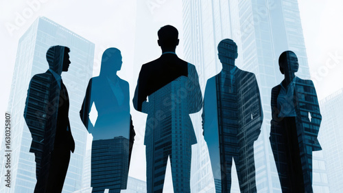 Silhouettes of five business professionals standing in front of modern skyscrapers.