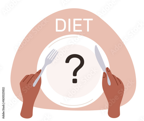 Woman over empty plate chooses diet top view. Hands holding fork and knife. Cutlery and dish with question mark. Food choice. Dietary meal eating. Product for slimming. Vector concept