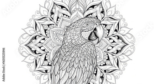 Intricate mandala design featuring a detailed parrot illustration