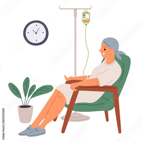 Woman in polyclinic treats cancer with course of chemotherapy. Medical intravenous infusion. Female patient sitting in armchair with dropper. Oncology disease treatment. Vector concept