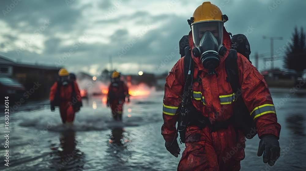 Obraz premium Firefighters in bright gear navigate floodwaters during a Disaster Background operation. An out-of-focus fire burns in the distance as they tackle a hazardous situation.