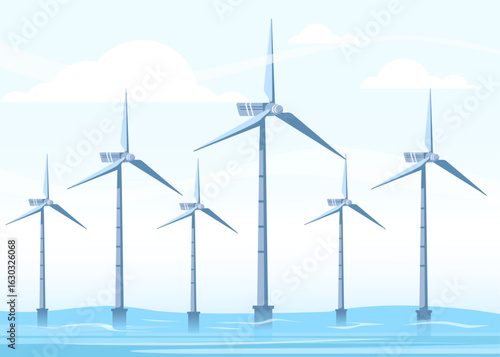 Wind farms in sea. Mill turbines in ocean water. Renewable energy production. Sustainable energy resources. Industrial windmill for alternative generation. Vector seaside landscape