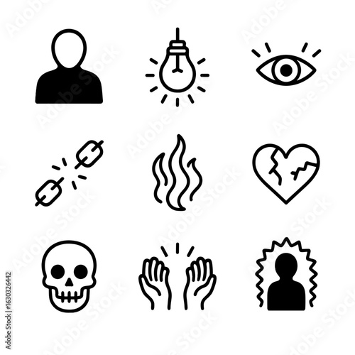 Supernatural Curse Icons. Outline icon set of supernatural curse effects: shadow figure, flickering light, cursed eyes, broken