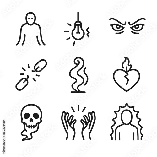 Supernatural Curse Icons. Outline icon set of supernatural curse effects: shadow figure, flickering light, cursed eyes, broken