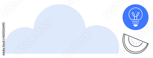 Blue cloud with a lightbulb symbolizing ideas and innovation and a protractor representing measurement and precision. Ideal for technology, creativity, education, data, strategy, analytics, simple