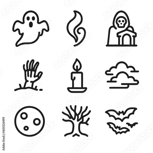 Supernatural Graveyard Icons. Outline icon set of graveyard supernatural: ghost, spirit, crypt keeper, skeleton hand, candle flame