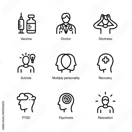 Mental Health and Medical Line Icons – PTSD, Psychosis, Recovery, and Wellness Vector Symbols.