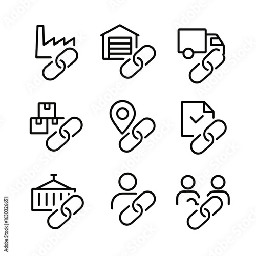 Supply Chain Icons. Outline icon set of supply chain links: supplier link icon, distributor link icon, logistics link icon,